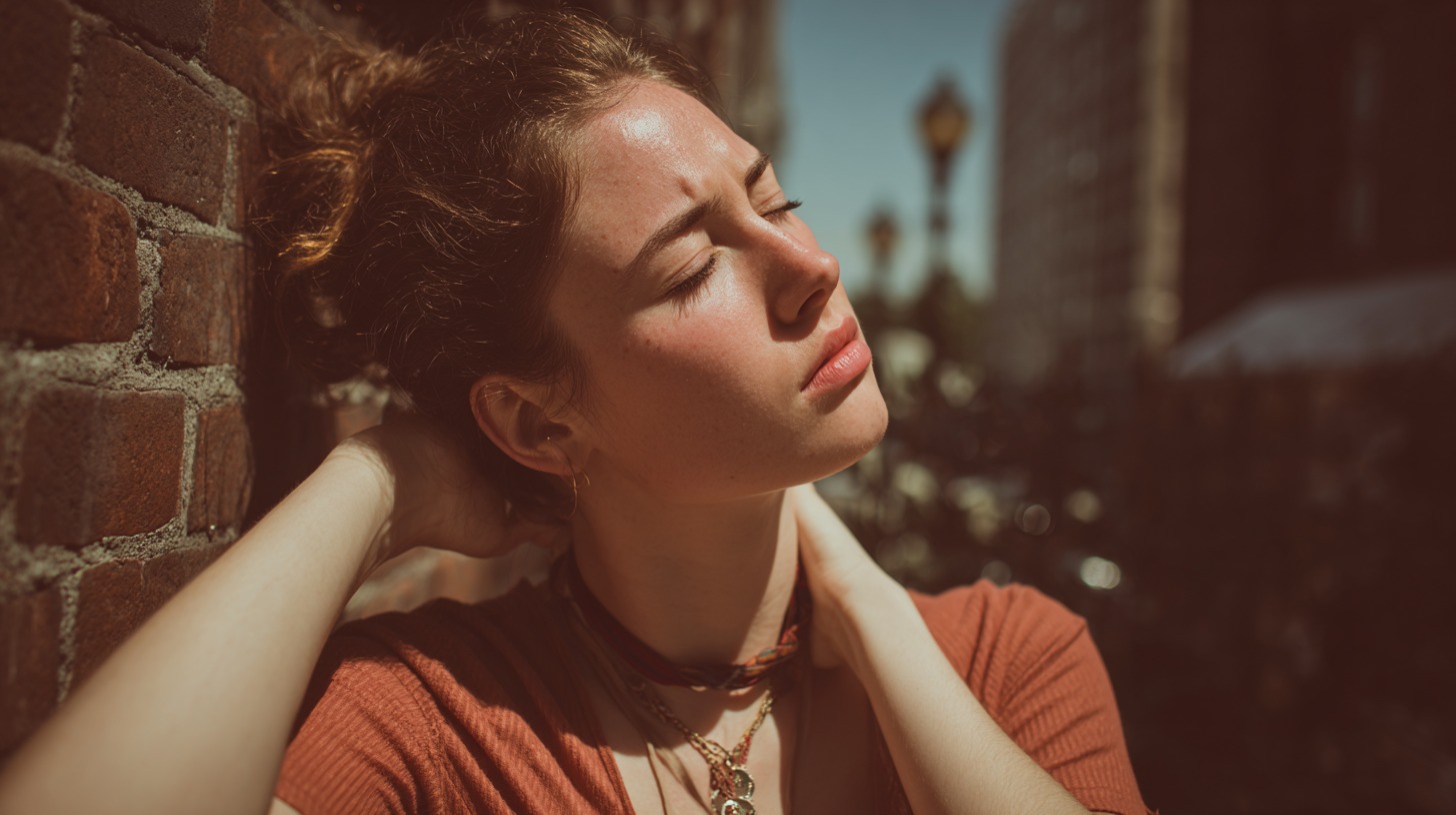 Žena zatvorenih očiju, naslonjena na zid od cigle, drži vrat rukama i izgleda iscrpljeno dok je obasjava sunce