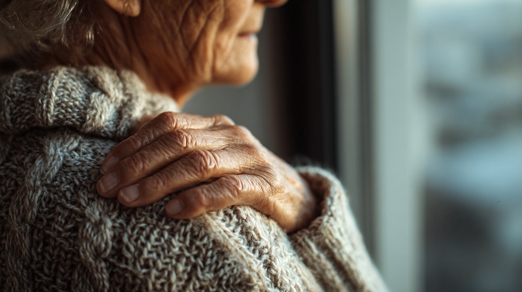 starija žena drži rame i gleda kroz prozor, obučena u toplu pletenu garderobu