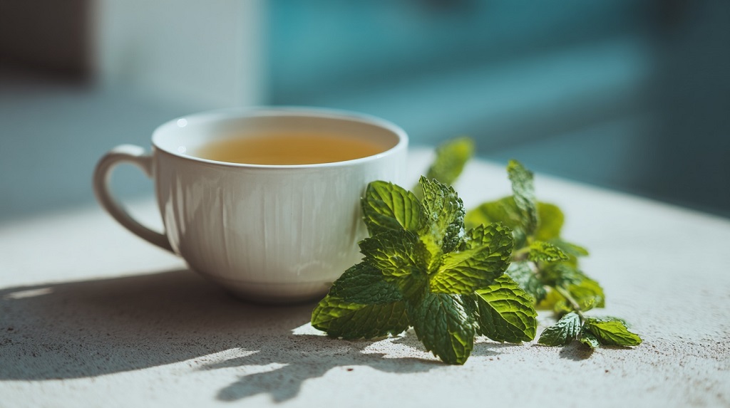 Šoljica čaja od nane i biljka nana pored nje