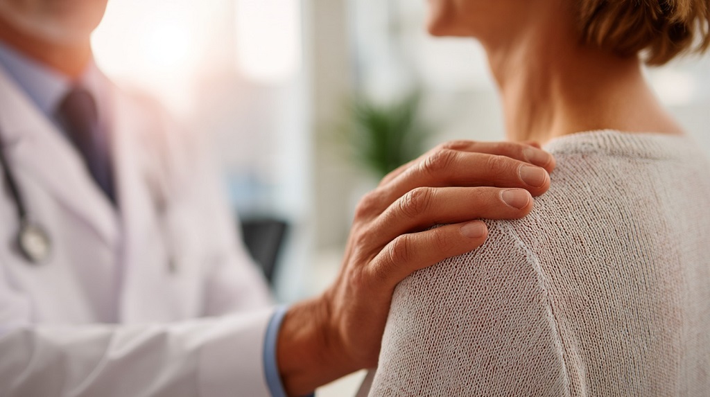 lekar stavlja ruku na rame pacijenta tokom konsultacije
