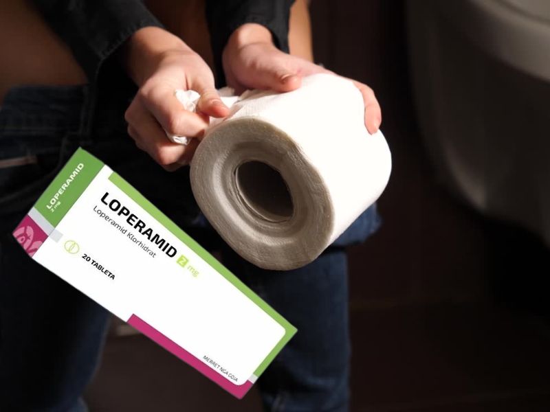 osoba koja pati od dijareje sedi na wc ลกolji i drลพi toalet papir u ruci pored nje kutija loperamid leka