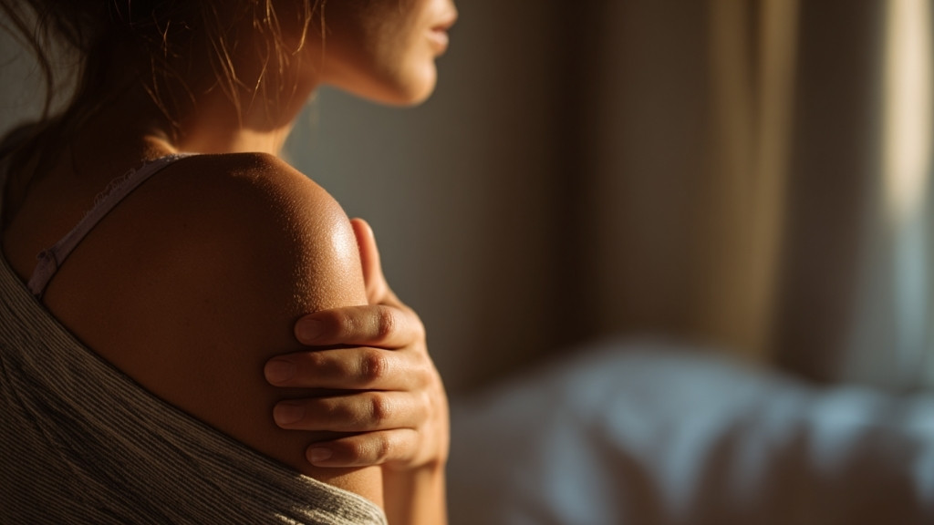 osoba sedi pored prozora i drži rame zbog bola u mišićima