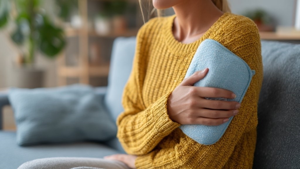 žena drži hladnu oblogu na desnom ramenu dok sedi u dnevnoj sobi