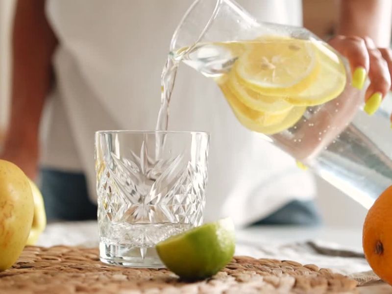 devojka sipa u čašu vodu sa limunom