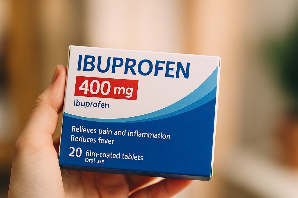 Pakovanje ibuprofena 400 mg u ruci, analgetik za ublažavanje bolova i upala