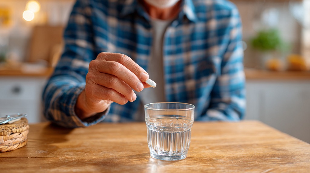 Osoba u kariranoj košulji uzima tabletu uz čašu vode za kratkotrajno ublažavanje bola
