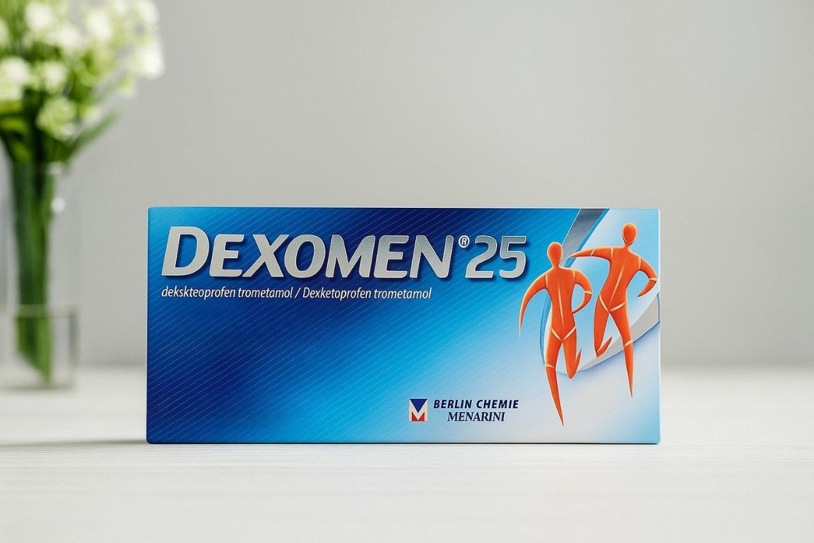 Pakovanje leka Dexomen 25 mg na stolu u apoteci, lek protiv bolova sa brzim dejstvom