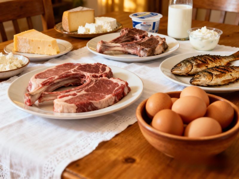meso riba jaja mlečni proizvodi na stolu