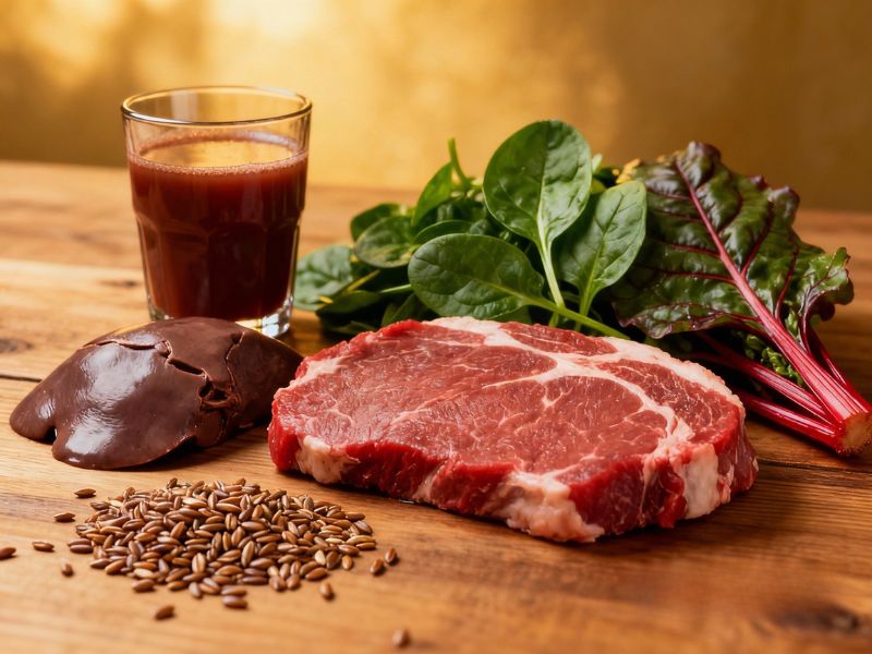intgralne žžitarice, blitva, džigerica, crveno meso, cvekla na drvenom stolu