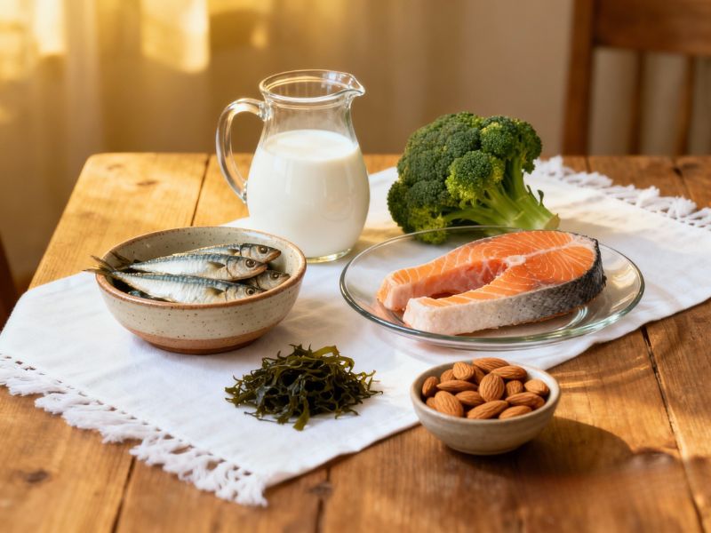 na stolu postavlje komad lososa, sardine, mleko, brokoli i alge i orašasti plodovi