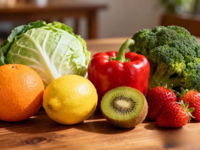 kivi, narandža, kupus, brokoli na drvenom stolu