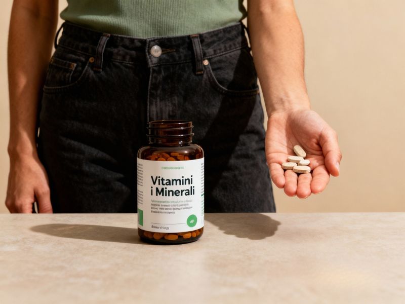 osoba drži u ruci lekove, pored nje kutija sa vitaminima i mineralima