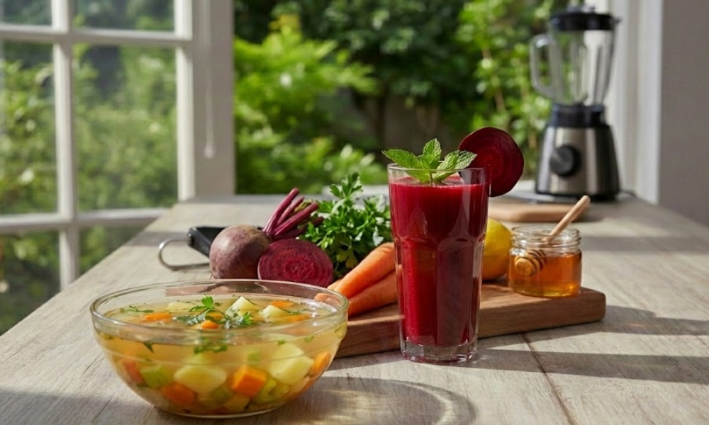 povrtna supa, sok od cvekle i šargarepe