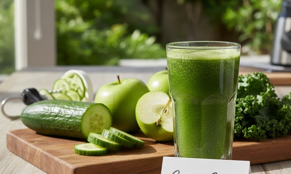 zeleni sok koji sadrži krastavac, jabuku i kelj