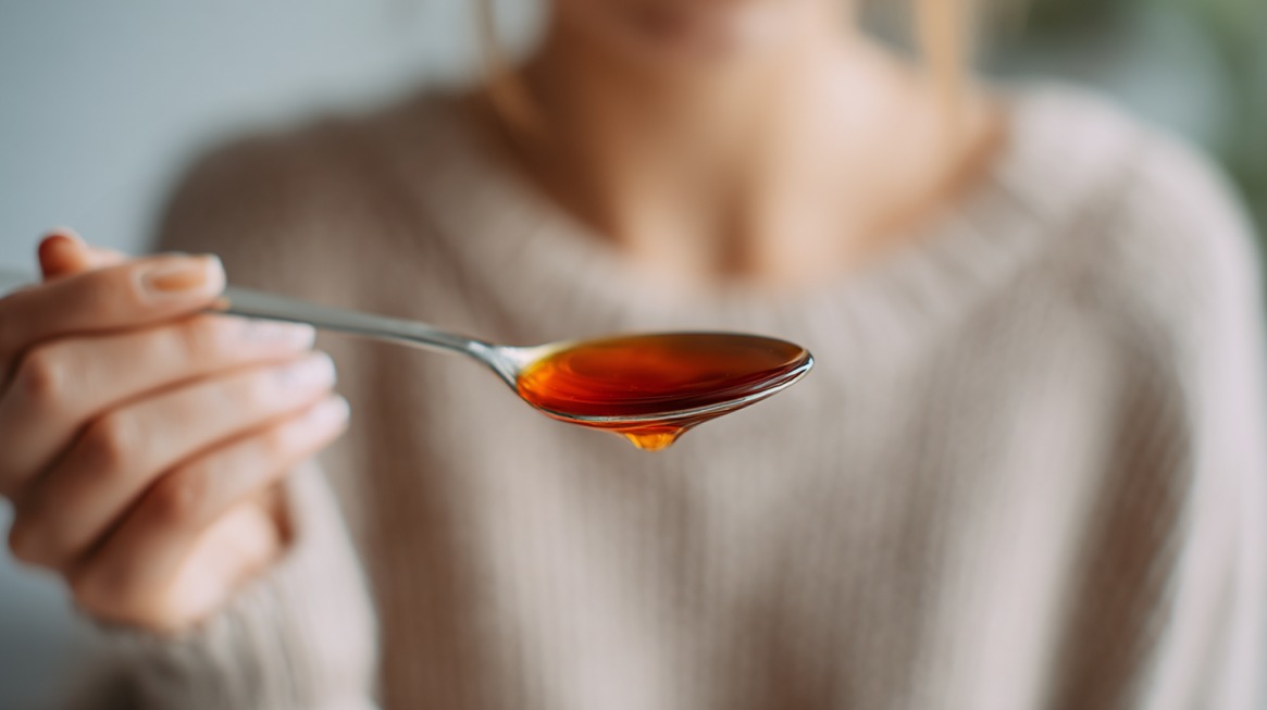Osoba drži kašiku sa sirupom protiv kašlja u prvom planu
