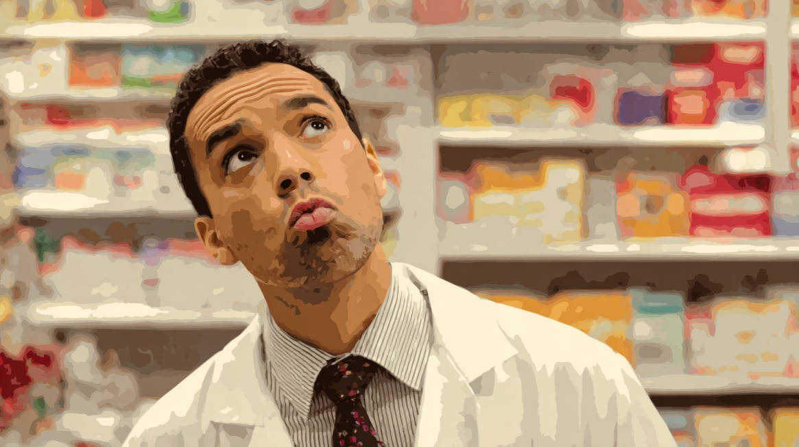 Farmaceut u apoteci zamišljeno gleda nagore ispred polica sa lekovima