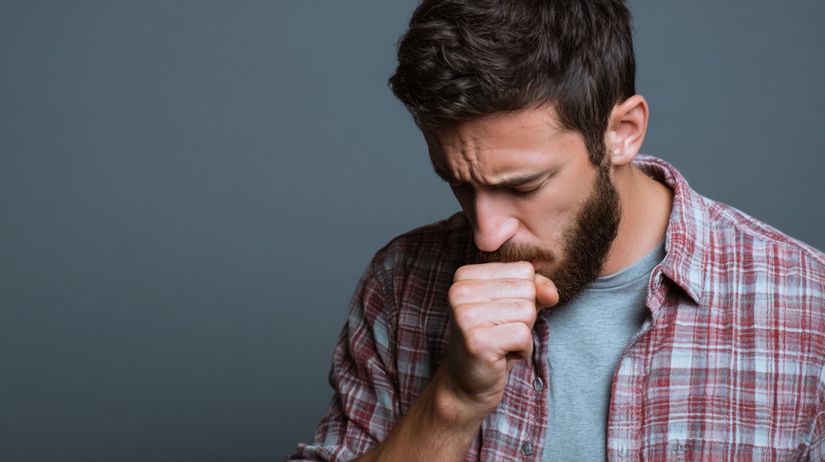 Odrasli muškarac kašlje u pesnicu na jednobojnoj pozadini