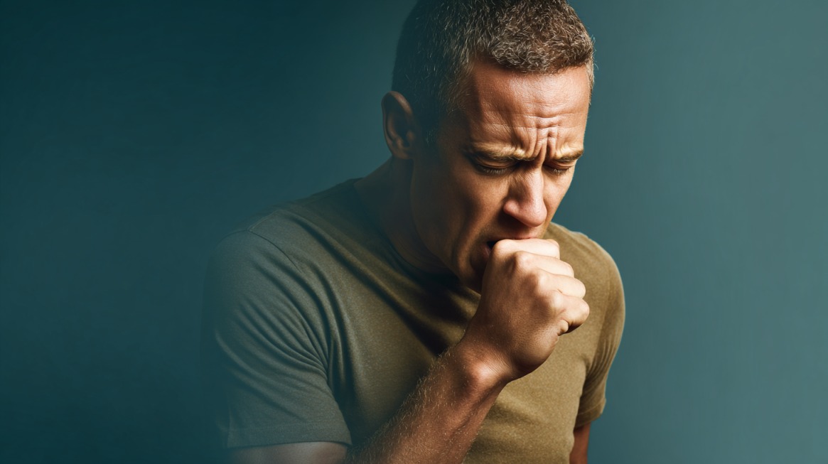 Odrasli muškarac kašlje u pesnicu na jednobojnoj pozadini