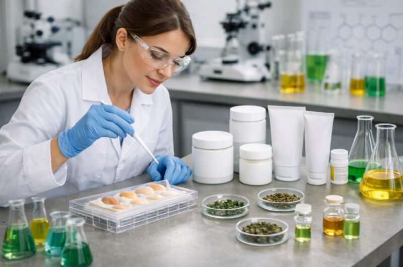 Naučna radnica u laboratoriji nanosi kremu na veštačke uzorke kože koristeći pipetu, okružena bočicama bez oznaka i biljnim materijalima