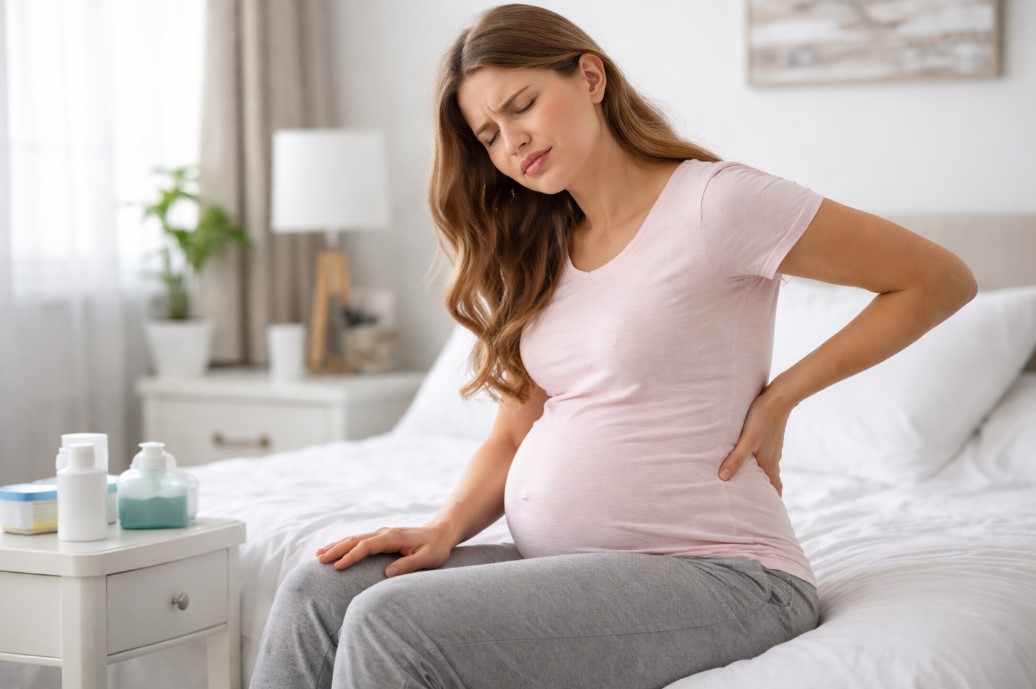 Trudnica sedi na krevetu i drži se za donji deo leđa zbog nelagodnosti sa, sa gelovima za hemoroide u trudnoći