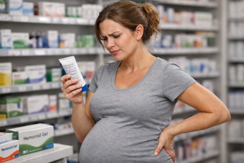 Trudna žena stoji u apoteci i pažljivo čita sastav gela za hemoroide iz tube, istražujući koji je najbolji gel za hemoroide u trudnoći