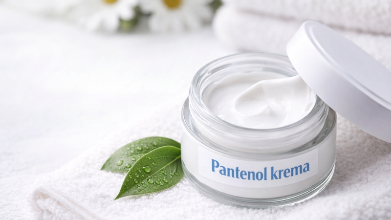 Otvorena tegla Pantenol kreme sa natpisom na etiketi stoji na belom peškiru pored zelenih listova