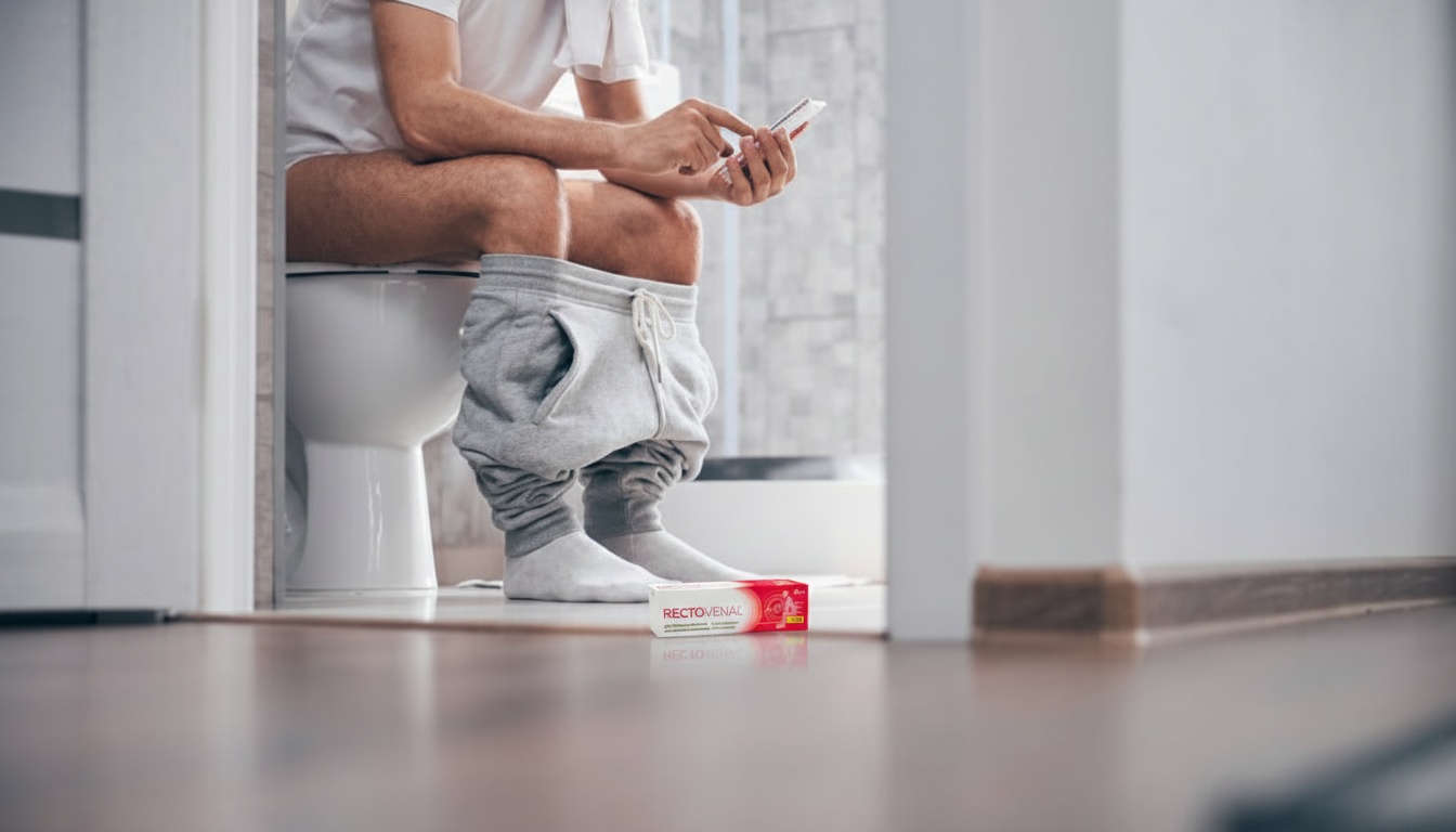 Muškarac sedi u kupatilu i koristi telefon, dok je pakovanje preparata za hemoroide na podu ispred njega