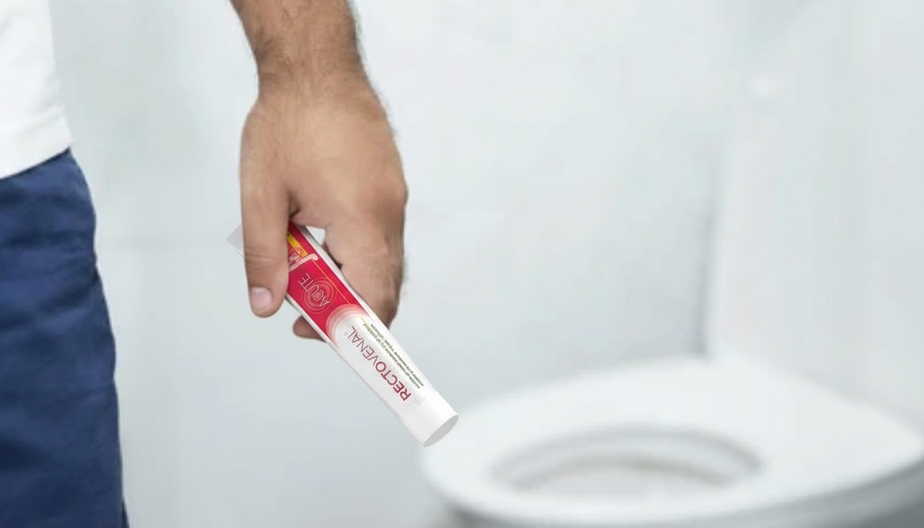 Muškarac drži preparat za hemoroide u kupatilu pored toaleta