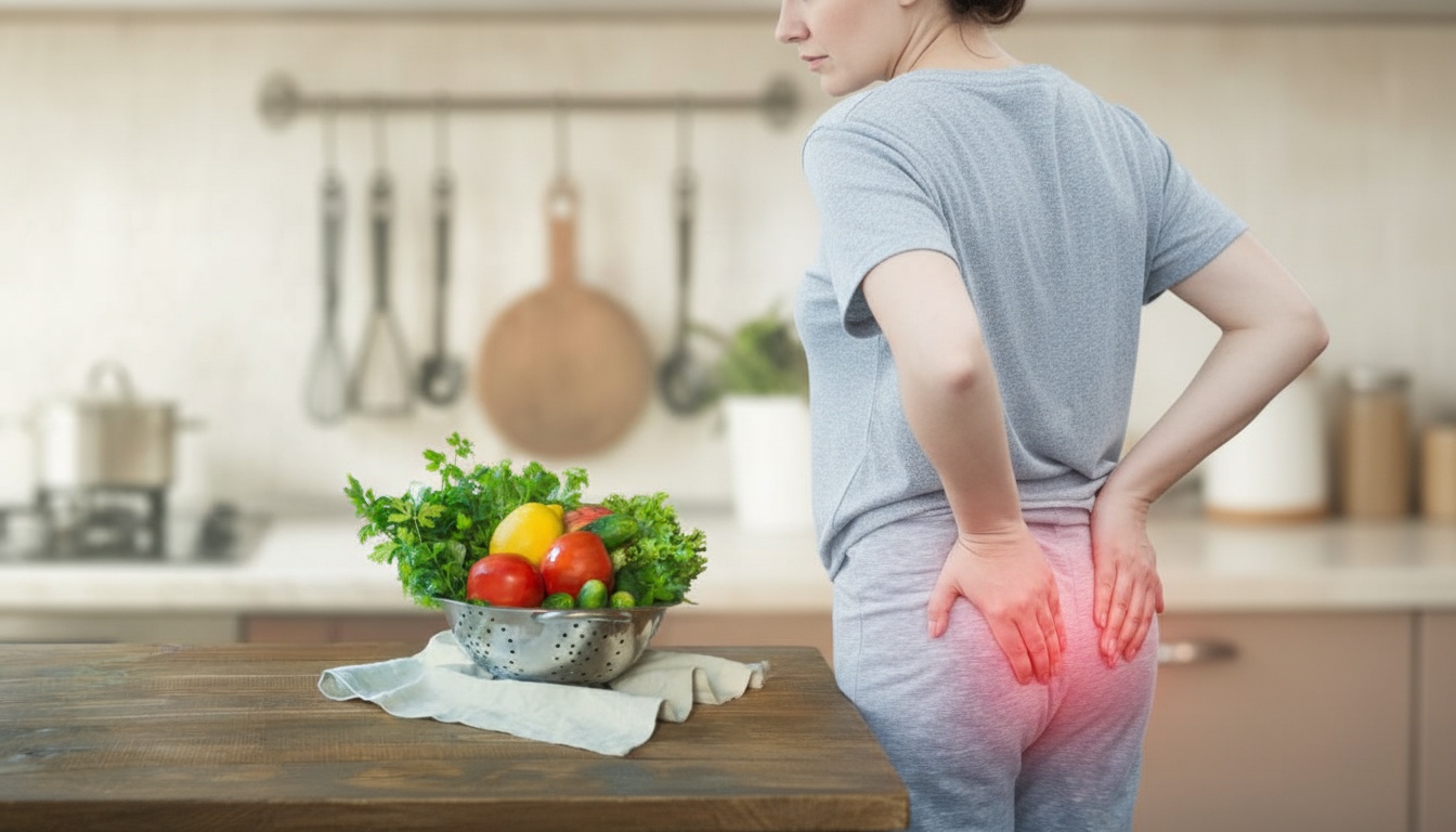 Osoba drži ruke na bolnom području dok stoji pored stola sa svežim povrćem u kuhinji