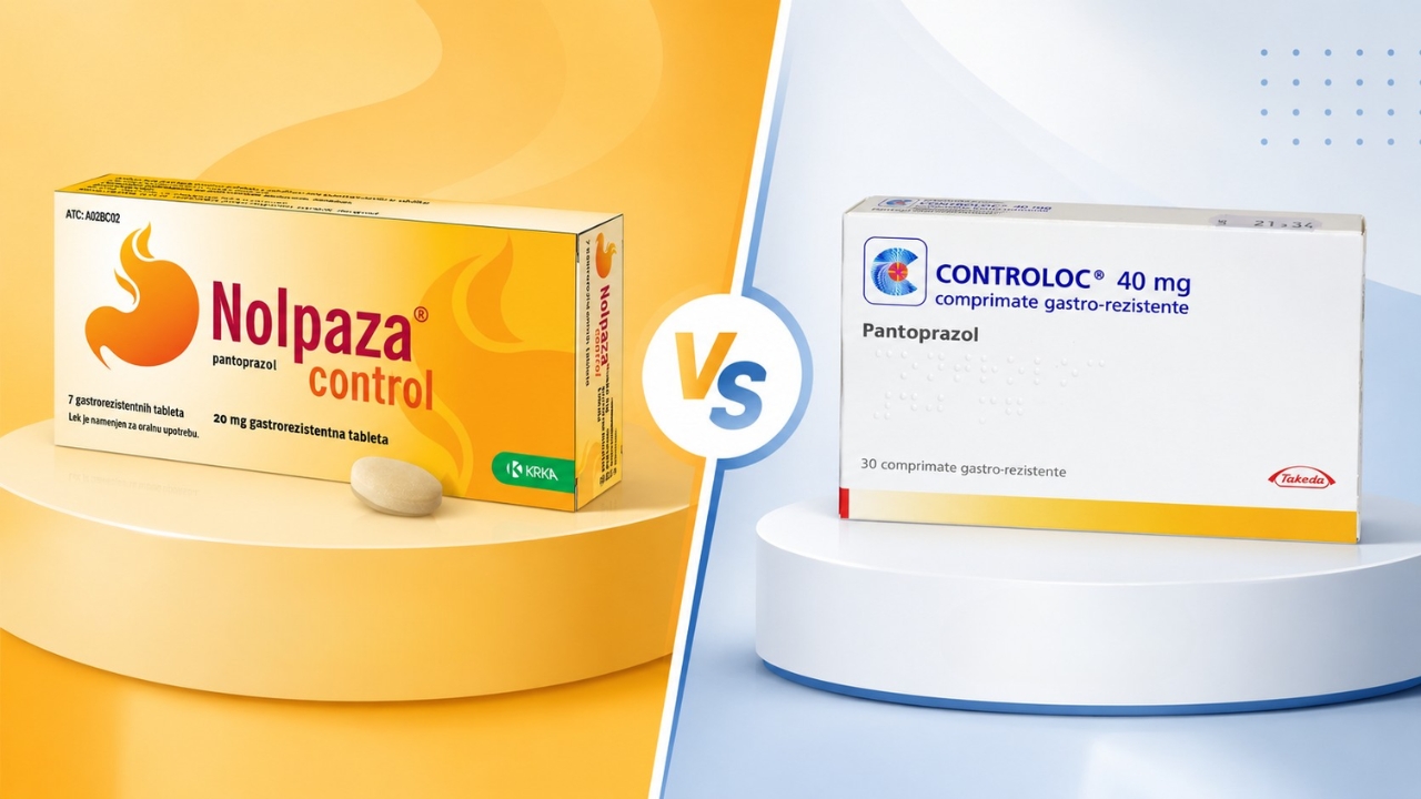 Pakovanja lekova Nolpaza Control i Controloc prikazana su jedno naspram drugog