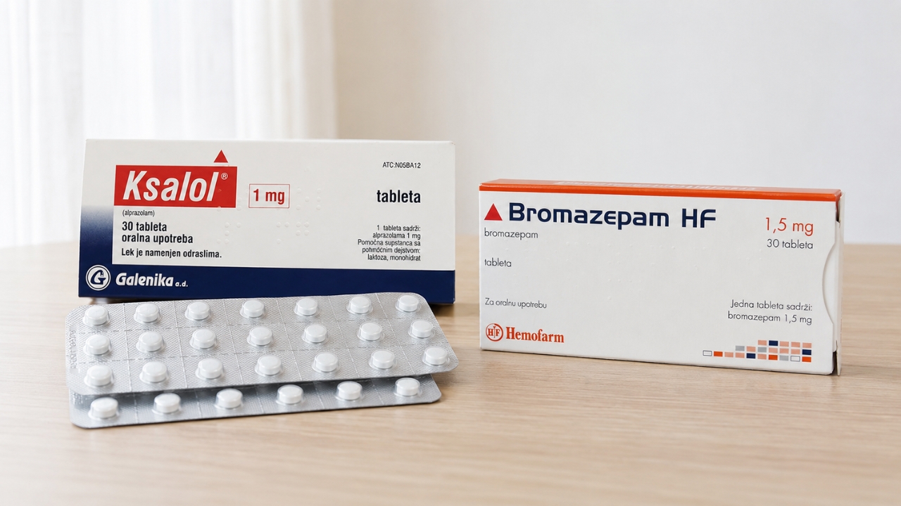 Pakovanja Ksalola i bromazepama sa blisterima tableta na drvenom stolu