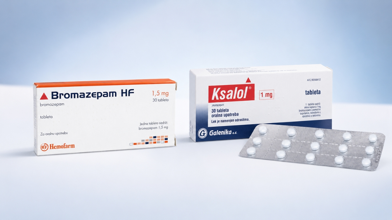 Pakovanja lekova Bromazepam HF i Ksalol sa blisterom tableta na svetloplavoj pozadini