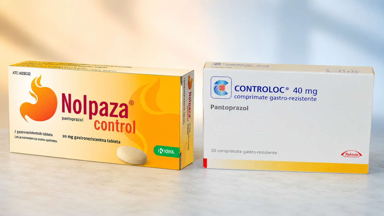 Pakovanja lekova Nolpaza Control i Controloc stoje jedno pored drugog na svetloj pozadini
