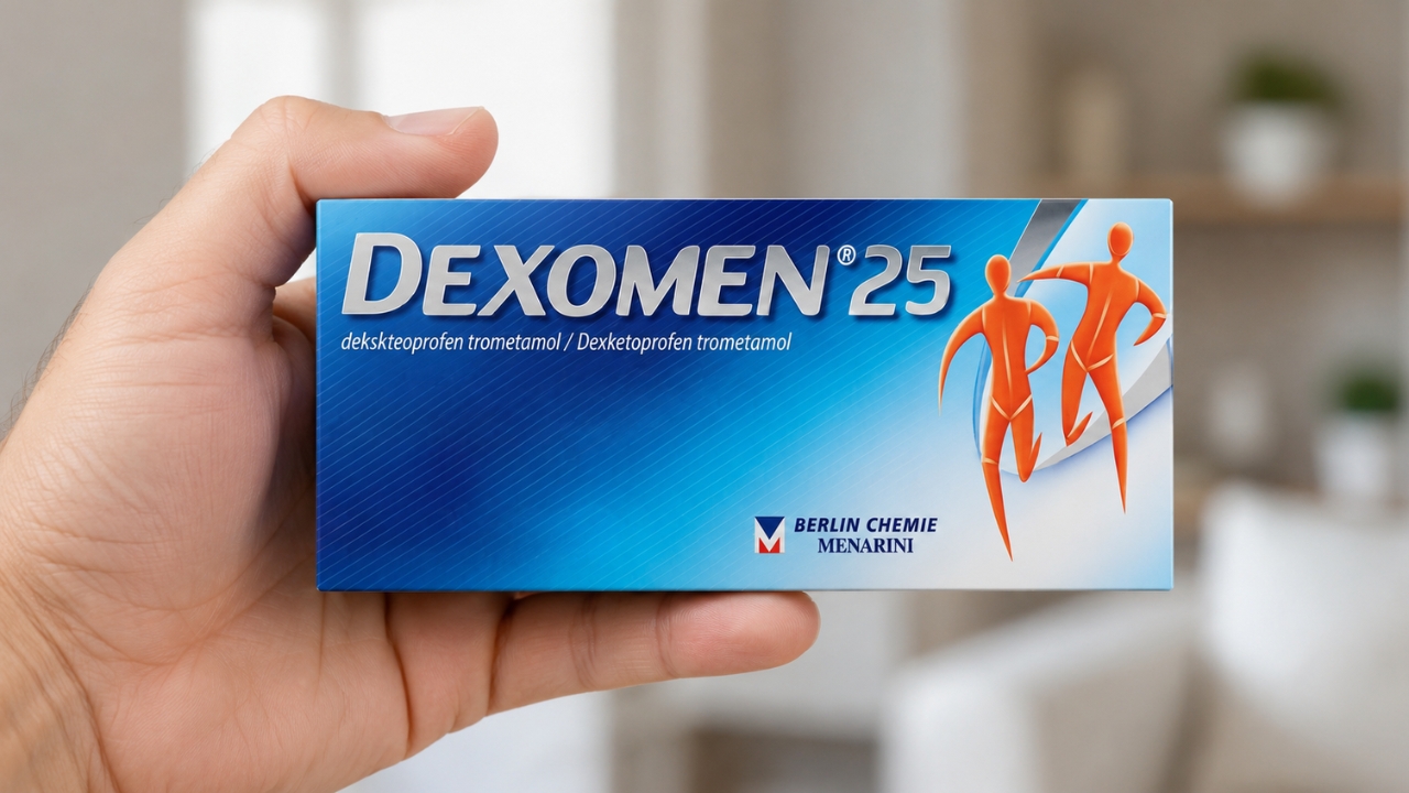 Ruka drži kutiju leka Dexomen 25 ispred zamućene kućne pozadine