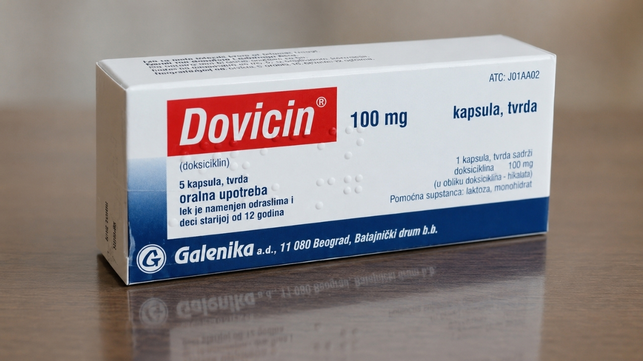 Kutija antibiotika Dovicin 100 mg na drvenom stolu