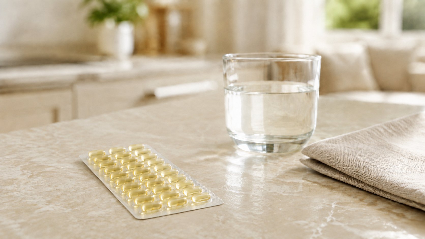 Ecomer kapsule u blisteru pored čaše vode na stolu