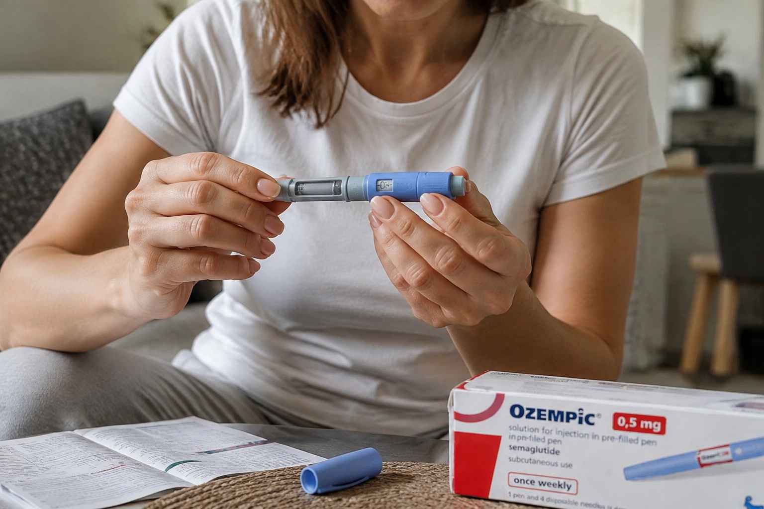 Žena drži Ozempic pen i proverava ga pre upotrebe.