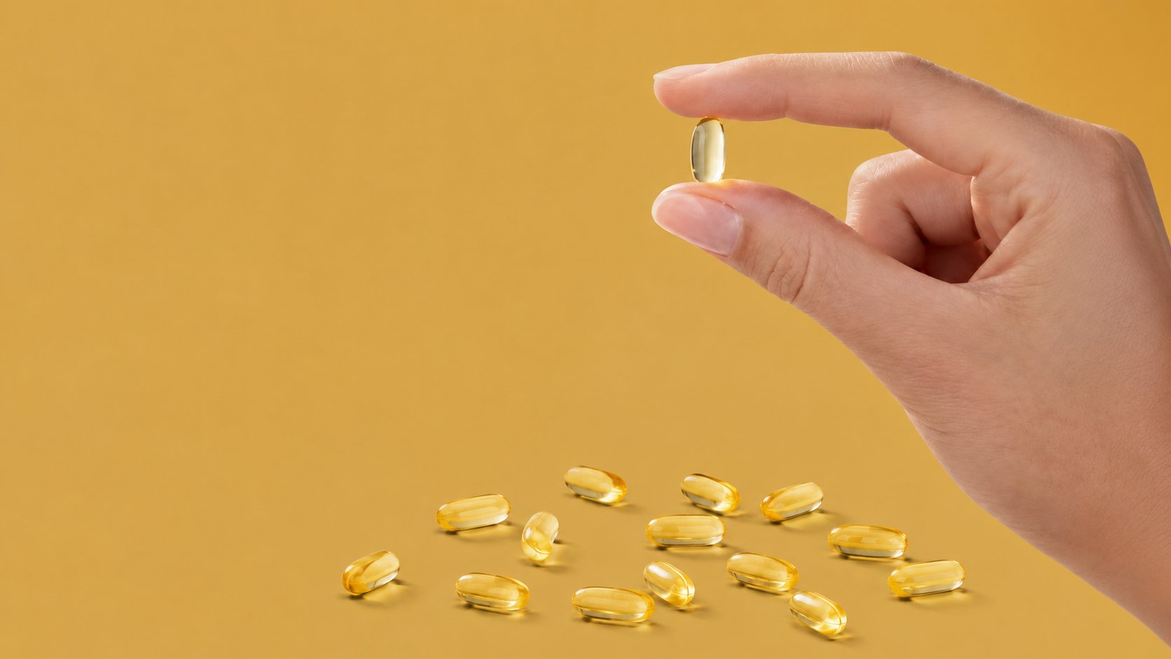 Ruka drži jednu Ecomer kapsulu iznad više zlatnih kapsula na žutoj podlozi