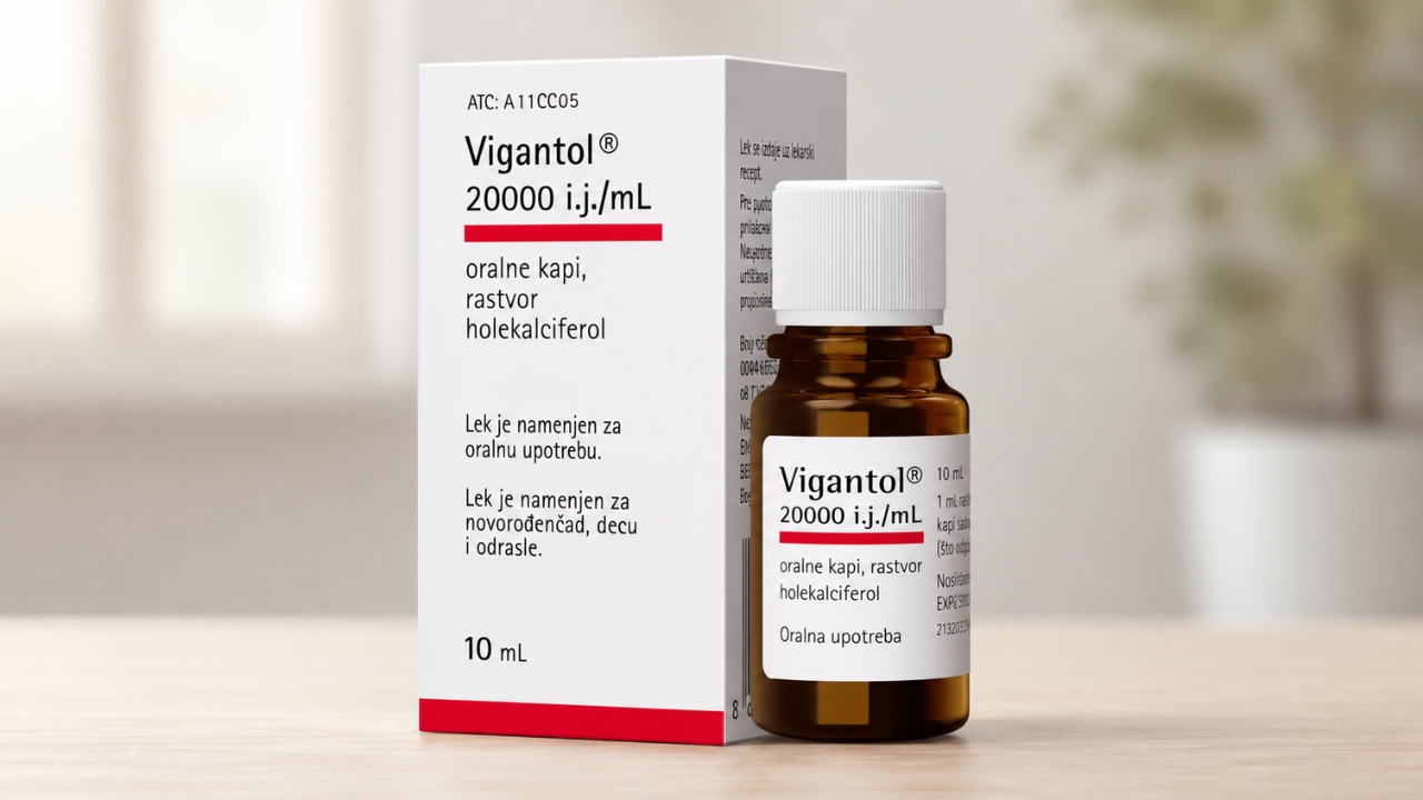 Vigantol kapi vitamina D3 u bočici i pakovanju na stolu