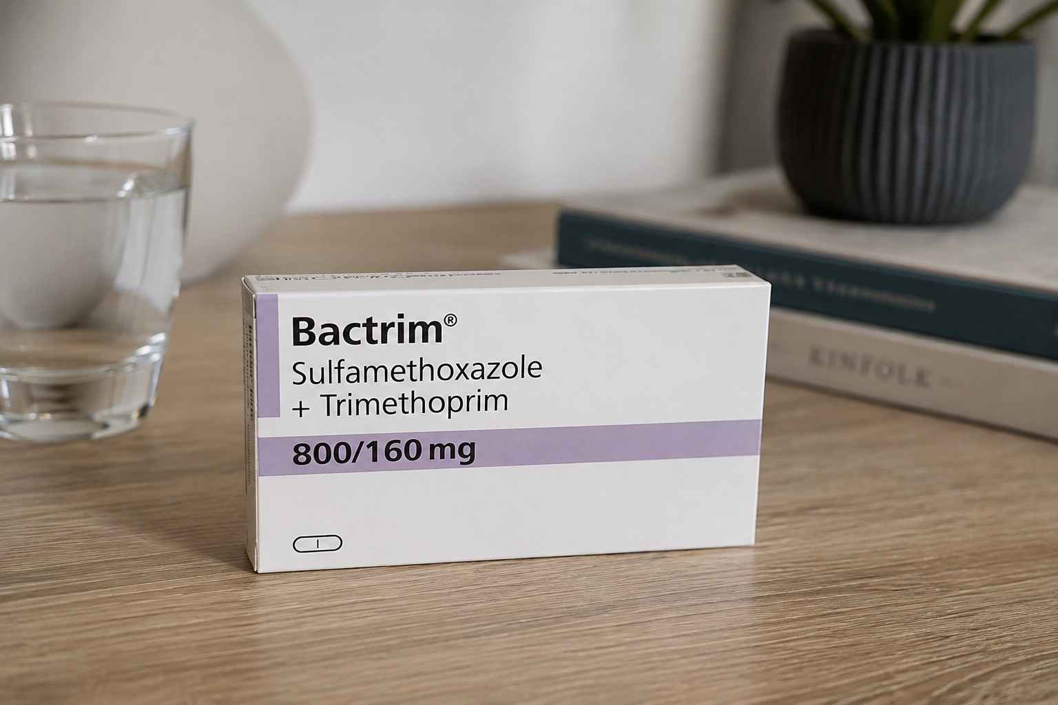 Pakovanje leka Bactrim 800/160 mg na stolu.