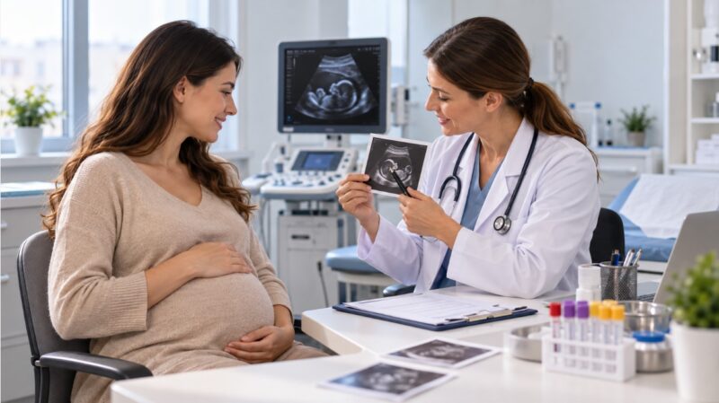 Trudnica na prvom prenatalnom pregledu razgovara sa lekarom o ultrazvučnom nalazu i početnim analizama
