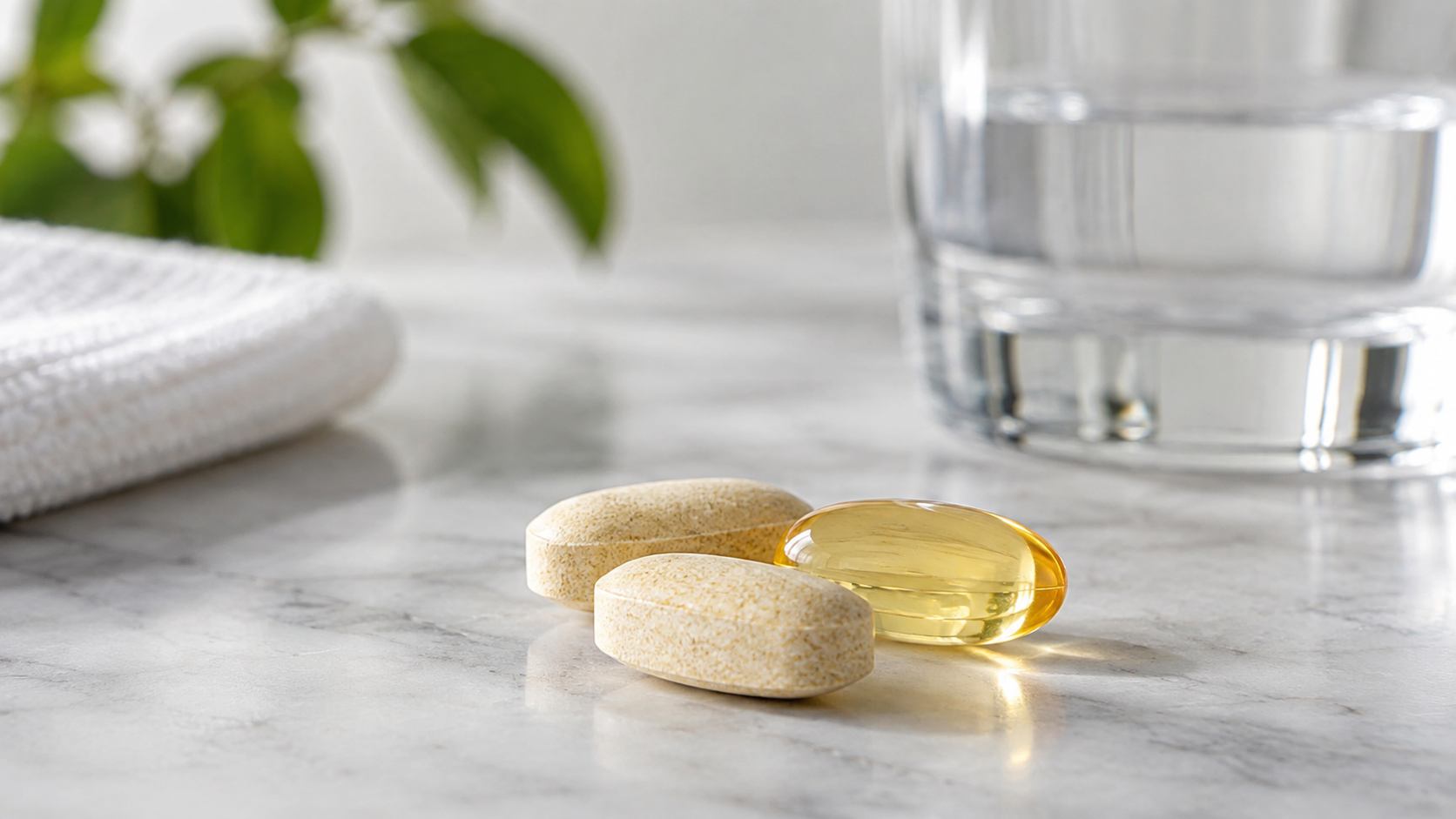 Nekoliko vitaminskih tableta pored čaše vode.