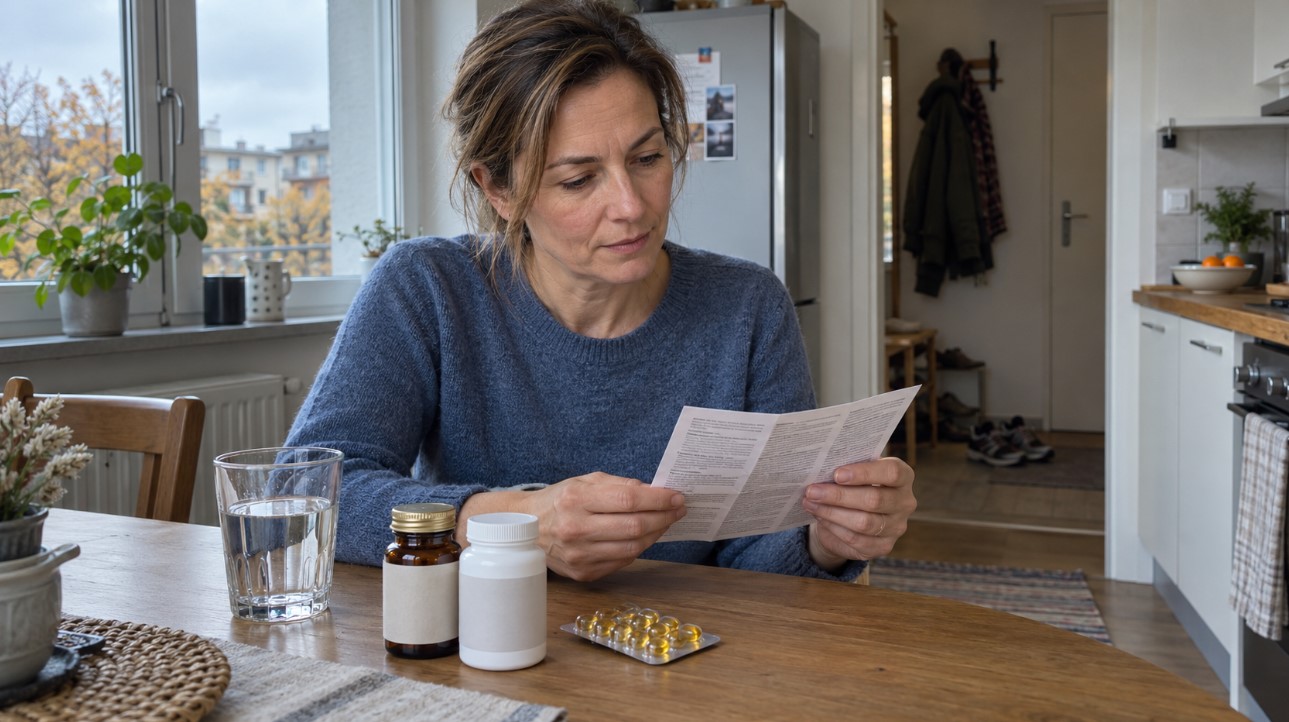 Žena čita uputstvo za suplement za stolom na kojem su bočice preparata, kapsule i čaša vode